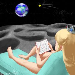 2021 big_breasts blonde_hair book breasts earth female female_only laying_down legs lounging lying lying_on_back mario_(series) moon nintendo nipples nude nude_female princess_rosalina solo solo_female space star super_mario_galaxy supermoonshroom watermark yellow_hair