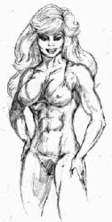 abs bikini dcmatthews female female_only hair monochrome muscular muscular_female satin_steele sketch solo solo_female