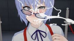 1girls 3d blush clothing cum cum_in_mouth cum_on_face cum_on_glasses cum_on_hair cum_on_lips cumshot facial glasses neon_genesis_evangelion rei_ayanami solo solo_female