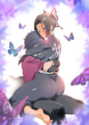 1boy 1girls barefoot big_ass black_hair bubble_butt butterfly butterfly_hair_ornament clothing demon_slayer embrace faceless_male female fully_clothed hug huge_ass kimetsu_no_yaiba kochou_shinobu male p9_(susisasimi) purple_eyes sideboob sitting_on_lap sitting_on_person soles tight_clothing tomioka_giyuu two_tone_hair uniform