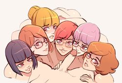 1boy 6girls artist_self-insert beaumont black_hair brellom brellom_(character) brellomascot brells brown_hair elayne_beaumont glasses hi_res huddled_together human hypnosis imminent_fellatio imminent_oral implied_hypnosis light-skinned_female looking_at_viewer mind_control multiple_girls naked_glasses oral penis pink_eyes pov pubic_hair purple_hair red_(brellom) red_hair self_insert short_hair straight white_background