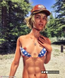 3d abs american_flag_bikini bikini bikini_aside blonde_hair cap female female_only flat_chest forest forest_background hat looking_at_viewer michal_(pristinerenders) necklace outdoor outdoor_nudity outdoors outside pinup pristinerenders slushe_(website) small_breasts solo solo_female star_of_david thin thin_female