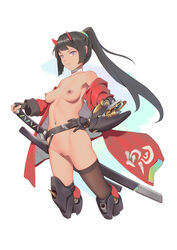 bigrbear black_gloves black_hair black_legwear blue_eyes breasts casual_exposure casual_nudity chinese_commentary closed_mouth commentary_request female fingerless_gloves gloves green_scrunchie highres horns katana long_hair mechanical_arms mechanical_legs medium_breasts nipples nude original ponytail pussy scrunchie single_horn single_thighhigh solo sword thighhighs uncensored weapon white_background