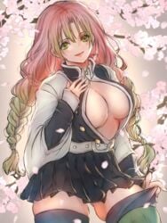 adjusting_clothes bangs big_breasts braided_hair cleavage clothing cowboy_shot demon_slayer female female_only green_eyes hand_on_chest haori kanroji_mitsuri kimetsu_no_yaiba long_hair long_sleeves looking_at_viewer miniskirt mole_under_eye no_bra open_shirt pink_hair pleated_skirt revealing_clothes smile solo thick_thighs thighhighs thighhighs_pull two_tone_hair uniform very_long_hair zettai_ryouiki