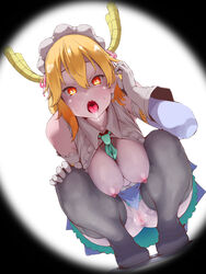 adjusting_hair anus areolae bangs bare_shoulders between_breasts black_footwear blonde_hair breast_squeeze breasts breasts_out censored commentary_request dragon_horns dutch_angle fangs female female_only gloves grey_legwear hair_between_eyes hand_on_own_knee highres horns kobayashi-san_chi_no_maidragon looking_at_viewer maid_headdress mak_neutral medium_breasts miss_kobayashi's_dragon_maid mosaic_censoring multicolored_eyes necktie necktie_between_breasts nipples no_panties open_mouth pussy saliva shoes slit_pupils solo squatting sweat thighhighs throat tohru_(dragon_maid) tongue tongue_out uvula white_gloves yellow_horns