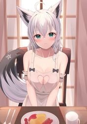 :3 animal_ears blue_eyes boob_window breakfast cute fox fox_ears fox_tail foxgirl girlfriend hololive hololive_gamers hololive_gen_1 hololive_japan kawaii pov pov_eye_contact shirakami_fubuki smile starfox1015 virtual_youtuber white_hair wholesome