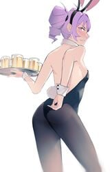 alcohol ass blush bunny_costume bunny_ears bunny_girl bunnysuit embarrassed otachan playboy_bunny purple_eyes purple_hair small_ass small_breasts the_otachan_show