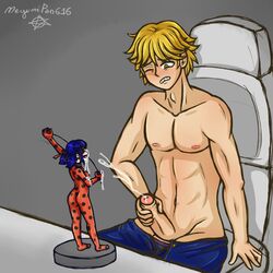 1boy adrien_agreste blonde_hair blush cum cum_on_figurine digital_media_(artwork) ejaculation erection figure green_eyes hair hot_glue human ladybug_(character) light-skinned_male male male_only marinette_cheng marinette_dupain-cheng masturbation megumipan616 miraculous_ladybug nipples orgasm penis penis_out shirtless short_hair solo sperm_cell