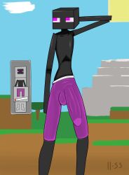 absurd_res anthro big_penis black_body bottomwear bulge clothing enderman gameplay_mechanics genital_outline genitals hand_behind_head hi_res ll-ss looking_away male male_only microsoft minecraft mojang not_furry pants penis penis_outline purple_bottomwear purple_clothing purple_eyes purple_pants signature slim solo standing sun translucent translucent_clothing video_games xbox_game_studios