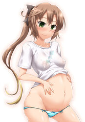 akigumo_(kantai_collection) blue_panties blush brown_hair female female_only green_eyes hair_ribbon hands_on_belly kantai_collection long_hair medium_breasts mole_under_eye nipples_visible_through_clothing no_bra panties ponytail pregnant smile solo t-shirt white_shirt yoshi_tama