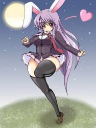 1girls animal_ears bottomwear breasts bunny_ears bunny_girl clothing eyebrows_visible_through_hair female female_only large_breasts legwear light-skinned_female light_skin moon night purple_hair red_eyes reisen_udongein_inaba shuz_(dodidu) skirt solo thick_thighs tie topwear touhou very_long_hair very_long_hair_female