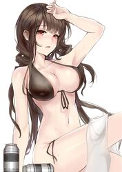 1girls areola_slip arm_support armpit barely_visible_areola bikini bikini_top breasts brown_hair can cans cleavage color colored dsr-50_(girls'_frontline) eyebrows_visible_through_hair female female_focus female_solo girls'_frontline large_breasts light-skinned light-skinned_female long_hair looking_at_viewer only_female red_eyes simple_background sitting solid_color_background solo solo_focus string_bikini sweat sweatdrop sweatdrops sweating sweaty white_background yusan