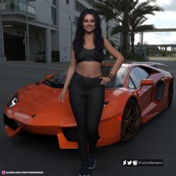 1girls 3d black_hair car clothed clothing dark-skinned_female dark_skin female female_only large_breasts long_hair outdoor outdoors outside pinup pristinerenders sarah_(pristinerenders) slushe_(website) solo solo_female