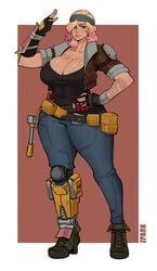 1girls armor artist_name big_breasts big_thighs blonde_hair blue_eyes breasts cleavage collarbone female female_focus female_only fingerless_gloves fortnite fortnite:_save_the_world fully_clothed hand_on_hip headband jeans light-skinned_female multicolored_hair penny_(fortnite) simple_background tattoo thick_lips tools two_tone_hair wide_hips zpark