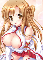 1girls areola_peek areola_slip areolae_peeking areolae_slip bare_shoulders big_breasts blush braid braided_hair breasts brown_eyes busty cleavage clothes clothing color colored detached_sleeves eyebrows_visible_through_hair female female_only large_breasts light-skinned light-skinned_female light_skin long_hair looking_at_viewer nanami_ayane nipple_bulge nipple_peek nipples_visible_through_clothing open_mouth open_smile sleeves solo solo_focus sword_art_online yuuki_asuna