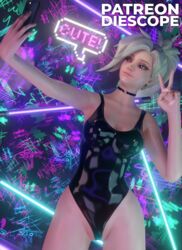 1girls 3d blacklight blender blizzard_entertainment blonde_hair blue_eyes cute detailed_background diescope female female_only hi_res latex latex_bodysuit latex_suit latex_swimsuit light lights looking_at_another mercy neon overwatch phone smile solo swimsuit white_body