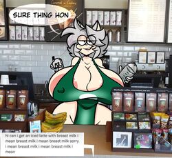 1girls apron balcony big_nipples cat_ears english_text female_only holding_object huge_breasts humanoid iced_latte_with_breast_milk light-skinned_female light_skin looking_at_viewer meme naked_apron offscreen_character ok_k.o.!_let's_be_heroes pixelzsinful speech_bubble swift_(pixelzsinful) voluptuous wide_hips