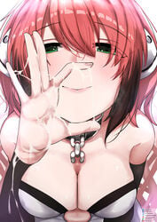 \||/ absurdres after_cunnilingus after_ejaculation bangs bare_shoulders black_collar blush breasts chains cleavage collar commentary_request cum eyebrows_behind_hair eyebrows_visible_through_hair eyes_visible_through_hair fellatio_gesture female green_eyes hair_between_eyes half-closed_eyes highres ikaros large_breasts lips looking_at_viewer red_hair saliva short_hair simple_background smile solo sora_no_otoshimono teeth tomodachi_(tomofanart) upper_body upper_teeth white_background