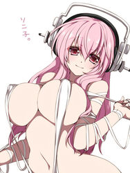 1girls bandage headphones huge_breasts looking_at_viewer navel nitroplus pink_hair red_eyes simple_background sling_bikini smile solo stomach super_sonico takatsuki_ichi white_background white_bikini