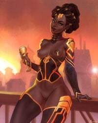 1girls arcane areolae black_female breasts dark-skinned_female dark_skin female female_only innie_pussy league_of_legends looking_at_viewer mavezar mel_medarda nipple_piercing nipples piercing pussy solo solo_female thighhighs