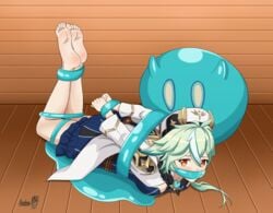 arms_tied_behind_back barefoot bondage bound_ankles bound_legs bound_wrists gag gagged genshin_impact green_hair looking_at_viewer orange_eyes restrained shadow-xcp slime slime_(genshin_impact) slime_bondage slime_gag slime_monster sucrose_(genshin_impact)