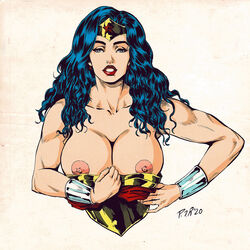 areolae big_breasts breasts breasts_out busty dc dc_comics diana_prince female female_focus female_only hourglass_figure lipstick long_hair nipples pablo_romero pose posing solo superheroine tagme wonder_woman wonder_woman_(series)