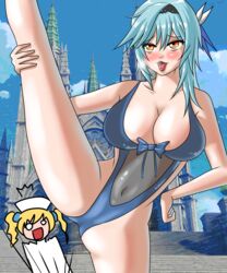 ahe_gao barbara_(genshin_impact) blonde_hair blue_hair breasts curvy eula_(genshin_impact) genshin_impact gwanjongdaewang lifting_leg navel nun pose surprised swimsuit transparent_clothes voluptuous wide_hips