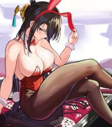 1girls 2021 beidou_(genshin_impact) breasts brown_hair bunny_ears bunny_girl bunnysuit casino cleavage crossed_legs female female_only fishnets genshin_impact hair_ornament hair_over_one_eye hi_res huge_breasts leotard long_hair loooyd playing_card poker_table red_eyes red_leotard sitting_on_table thick_thighs thighs