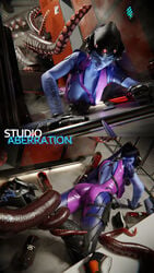 3d boob_window exposed_breasts exposed_nipples inner_sideboob latex_suit locker_room lowres overwatch studioaberration tentacle torn_clothes widowmaker