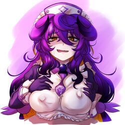 bodily_fluids bombergirl boobjob breasts clothed_paizuri confused confused_look cum cum_between_breasts cum_on_chest cum_on_clothes cum_stain cum_through_clothes cum_through_clothing cum_through_tie cum_under_clothes cumming cumshot cute_fang holding_breast human human_only humanoid_penis large_breasts looking_at_viewer necktie nipple_bulge orgasm outercourse paizuri paizuri_under_clothes pov prune_(bombergirl) purple_hair sweating tie titfuck titfuck_under_clothes wet_clothes wet_clothing