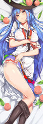 blue_hair blush breasts dakimakura_design erect_nipples erect_nipples_under_clothes long_hair looking_at_viewer lying neropaso on_back panties peach_(fruit) red_eyes see-through see-through_clothing side-tie_panties skirt skirt_lift socks tagme tenshi_hinanawi thighs touhou very_long_hair white_panties