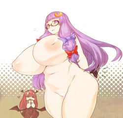 2girls chubby female head_wings huge_breasts inverted_nipples koakuma multiple_girls nude patchouli_knowledge sentarou succubus tagme touhou