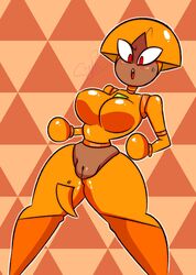 1girls accidental_exposure big_breasts blush bottomless breasts cartoon_network dark-skinned_female dark_skin exposed_pussy female female_only gynoid humanoid ok_k.o.!_let's_be_heroes pixelzsinful pussy red_eyes robot shannon_(ok_k.o.!_let's_be_heroes) shannon_boxman solo solo_female solo_focus thick_thighs