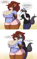 1boy big_breasts curvy dewwy(dewwydartz) dewwydartz female fox furry grope groping maddie(dewwydartz) nipples thick_thighs wolf