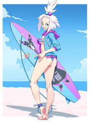 1girls ass bikini breasts eye_contact female genzoman looking_at_viewer looking_back micro_bikini nintendo pokemon pokemon_bw roxie_(pokemon) sharp_teeth sideboob solo standing thighs white_hair