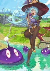 1girls aqua_(konosuba) clothed cosplay crying detailed_background electro_slime genshin_impact heart-shaped_pupils in_water kono_subarashii_sekai_ni_shukufuku_wo! long_hair mona_(genshin_impact)_(cosplay) scared slime slime_(genshin_impact)