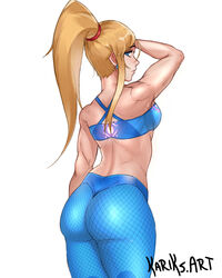 ass blonde_hair blue_eyes breasts female female_focus female_only female_solo kariksart light-skinned_female looking_at_viewer looking_back looking_back_at_viewer metroid nintendo samus_aran solo solo_female sports_bra sportswear thighs voluptuous