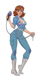 1girls 2020 april_o'neil_(cosplay) apryl_(kink_inc.) blue_jumpsuit brown_eyes brown_hair character_profile character_sheet clothed_female female_focus female_only kink_inc. light-skinned_female looking_at_viewer microphone microphone_cord model_sheet nutaku pale-skinned_female revealing_breasts short_hair smiling_at_viewer solo_female solo_focus tender_troupe transparent_background white_boots zipper_down