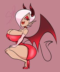 1girls clothed clothing demon demon_girl demon_tail demon_wings dress earrings hair_over_one_eye horns huge_breasts original_character pixelzsinful pointy_ears short_hair tube_dress voluptuous