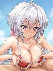 1boy ahoge bikini blush breasts cleavage closed_mouth collarbone eyebrows_visible_through_hair female hair_ornament hair_scrunchie large_breasts long_hair looking_at_viewer outdoors paizuri purple_eyes r-binon red_bikini scrunchie senki_zesshou_symphogear silver_hair sky straight swimsuit twintails upper_body yukine_chris