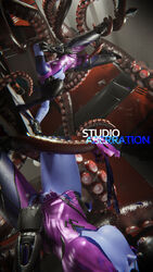 3d boob_window exposed_breasts exposed_nipples exposed_pussy inner_sideboob latex_suit leg_grab lifted locker_room lowres overwatch studioaberration tentacle torn_clothes widowmaker