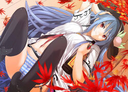 blue_hair blue_panties cameltoe hat legs_up long_hair looking_at_viewer navel neropaso no_shoes on_back panties red_eyes skirt skirt_up striped_panties tagme tenshi_hinanawi thighhighs touhou very_long_hair