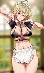 1girls 2021 ahoge arms_up artist_signature belly_button black_bikini_top blonde_hair blurry_background blush choker female female_only foxy_rain_(foxyreine) foxyrain_(foxyreine) foxyreine hips indoors lace_choker maid maid_bikini maid_outfit one_eye_closed original original_character red_eyes short_hair slim_waist thick_thighs thighs wide_hips