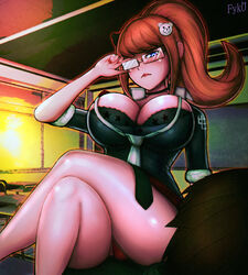 1boy 1boy1girl 1girls adjusting_eyewear adjusting_glasses artist_name artist_signature bangs bear_hair_ornament black_bra black_choker black_jacket blush bra bra_peek breasts bursting_breasts ceiling chair chalkboard choker classroom cleavage crossed_legs danganronpa danganronpa:_trigger_happy_havoc desk dominant dominant_female eye_contact eyeglasses facing_viewer female female_focus fingernails fyk0 hair_ornament hand_on_eyewear high_resolution highres holding holding_eyewear huge_breasts indoors jacket junko_enoshima legs_crossed lips lipstick looking_at_viewer makeup nail_polish necktie neckwear on_desk panties pantyshot picot_trim picot_trim_bra red_nail_polish red_nails red_panties red_skirt rimless_eyewear rolled_up_sleeves school school_chair school_desk serious shiny shiny_skin signature sitting sitting_on_desk skirt sleeves_past_elbows sleeves_rolled_up square_glasses star_(symbol) straight straight_hair sunlight tied_hair top_heavy two-tone_bra underwear unknown_male voluptuous white_necktie white_neckwear window