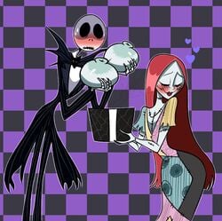 1boy 1girls big_breasts blush breasts clothed clothing disney duo embarrassed flat_chest gift jack_skellington long_hair monster monster_girl nightmare_before_christmas pixelzsinful sally_(the_nightmare_before_christmas) skeleton thin tim_burton what xd