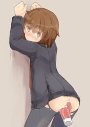 against_wall anal ass blush brown_eyes brown_hair censored dildo double_penetration enjaku_izuku female from_behind highres kantai_collection looking_at_viewer pantyhose sex_toy short_hair smile solo standing sweat torn_clothes torn_legwear vaginal_penetration wakaba_(kantai_collection)