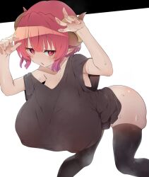 arms_up bent_over big_breasts black_thighhighs boobs breasts dragon_girl dragon_horns female furau horns huge_breasts ilulu_(dragon_maid) ilulu_(maidragon) kobayashi-san_chi_no_maidragon miss_kobayashi's_dragon_maid shortstack slit_pupils solo sweat thighhighs