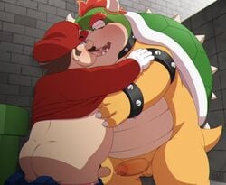 2021 2boys anthro ass balls blush bowser clothing duo embrace erection facial_hair gay genitals hat headgear headwear hug human human_on_anthro humanoid_genitalia humanoid_hands humanoid_penis interspecies kemono kissing koopa male male/male male_only mammal mario mario_(series) moustache nintendo overweight overweight_male penis penta002 scalie shirt super_mario_bros. topwear video_games