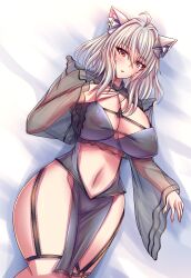 1girl ahoge animal_ear_fluff animal_ears antenna_hair babydoll bangs bed_sheet blush breasts cat_ears catgirl cleavage covered_nipples cowboy_shot eyebrows_visible_through_hair female_only garter_belt garter_straps hair_between_eyes hair_intakes hair_ornament large_breasts long_hair long_sleeves looking_at_viewer lying navel on_back parted_lips red_eyes see-through silver_hair solo squchan_(vtuber) thighhighs thighs underwear virtual_youtuber volk_(bo-tan) vyugen white_hair