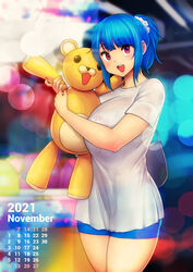 1girls 2021 arcade arcade_cabinet backlighting bag bangs blue_hair blurry blurry_background bra_visible_through_clothes breasts busty calendar_(medium) cleavage commentary controller curvaceous curvy english_commentary enormous_breasts errorkazoo eye_contact facing_viewer female female_focus hair_scrunchie handbag hi_res high_resolution highres hug huge_breasts hugging long_hair looking_at_viewer medium_hair november open_mouth original original_character prize purse red_eyes rina_atherina_(errorkazoo) see-through see-through_shirt shirt short_sleeves smile smiling_at_viewer solo standing stuffed_animal stuffed_bear stuffed_toy teddy_bear top_heavy voluptuous white_shirt year